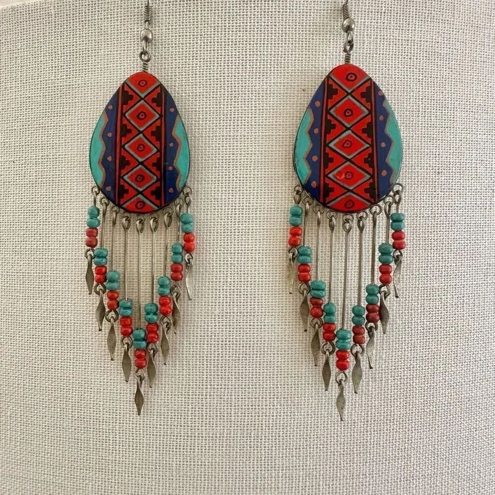 Southwestern painted silver tone dangle earrings